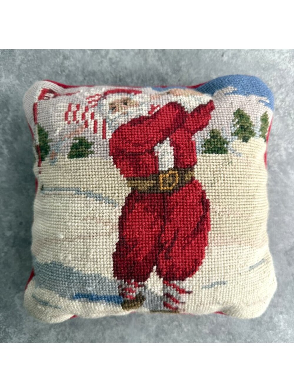 Vintage Needlepoint Christmas Pillow Santa Golfing 9" X 9" Red Velvet Backing
